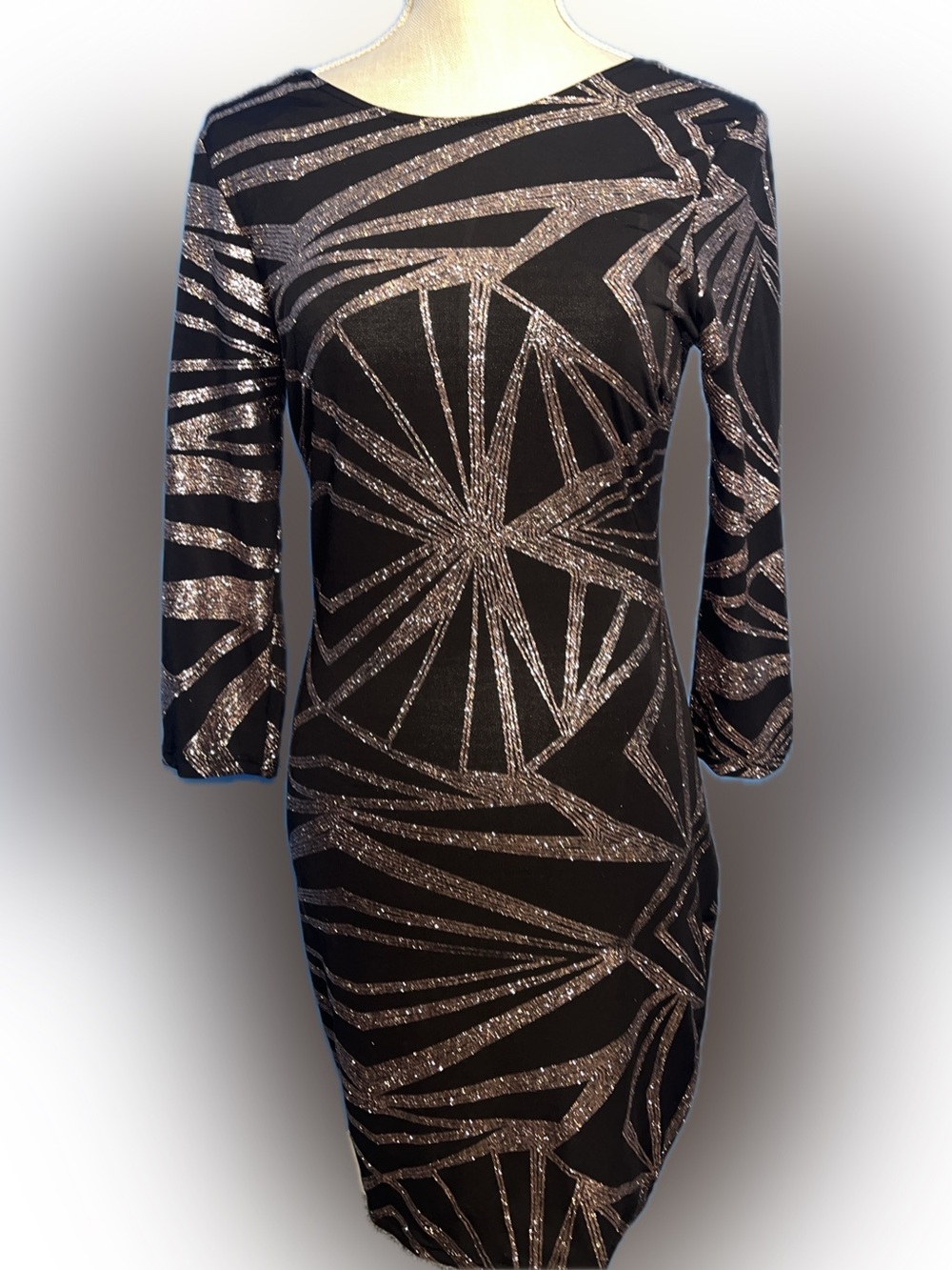 privy Black Dress with Metallic Bronze Geometric Accents - Long Sleeve, Size L